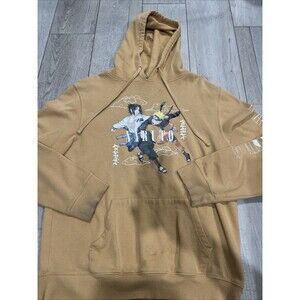 Vintage Naruto Shippuden Sweatshirt Men Large Beige Hoodie Japanese Anime Sasuke